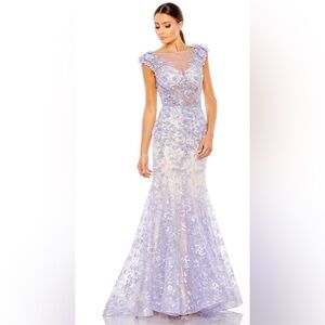 MAC DUGGAL, EMBELLISHED CAP SLEEVE COWL NECK TRUMPET GOWN